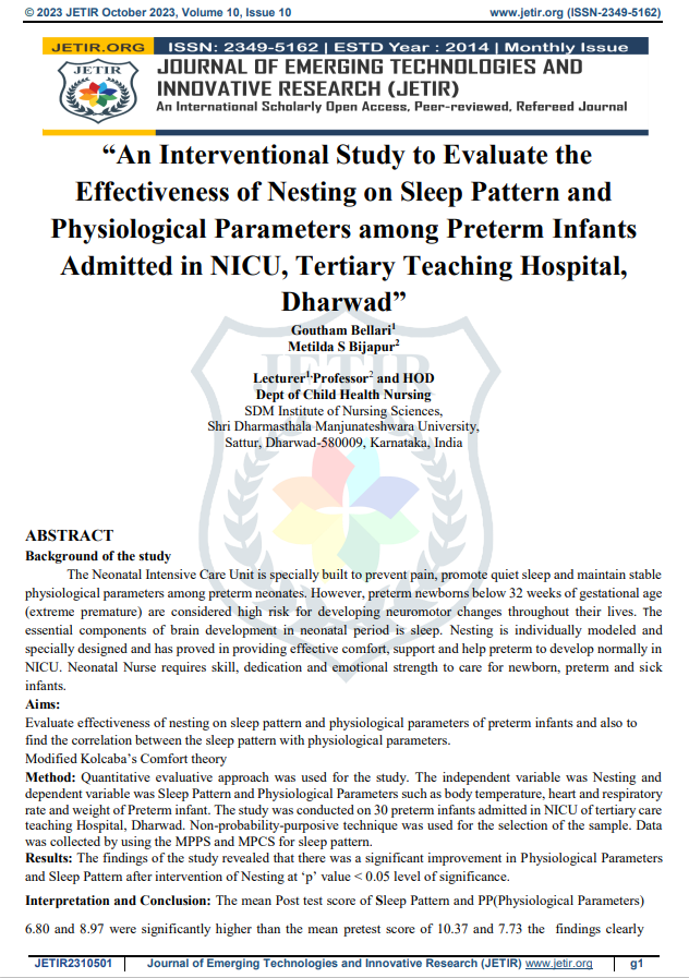 “An Interventional Study to Evaluate the Effectiveness of Nesting on Sleep Pattern and  Physiological Parameters among Preterm Infants Admitted in NICU, Tertiary Teaching Hospital, Dharwad”